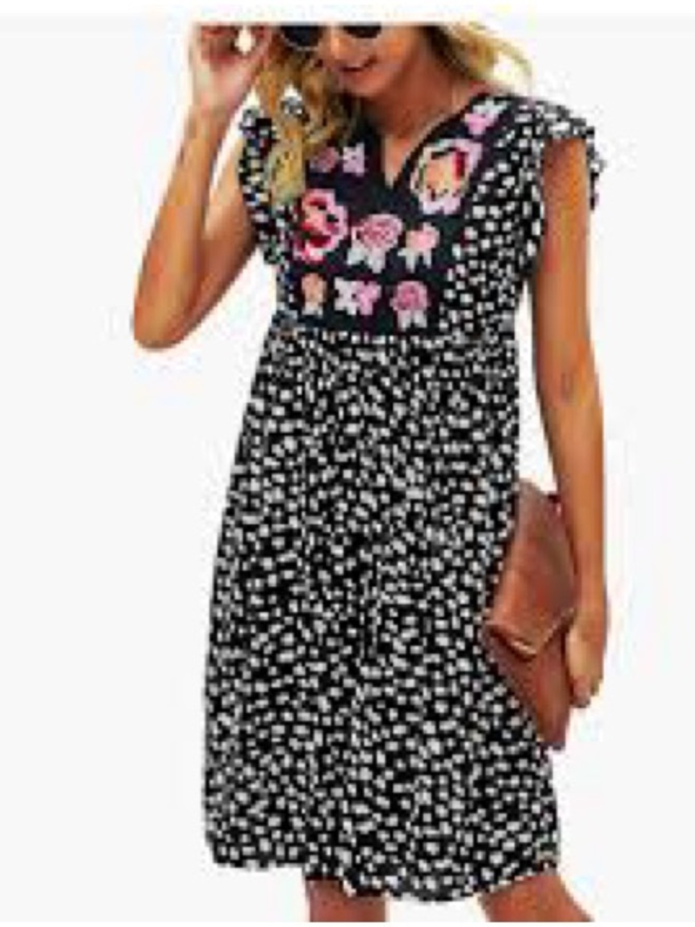 Black and White Floral Appliqué Mini Dress w animal print 0191